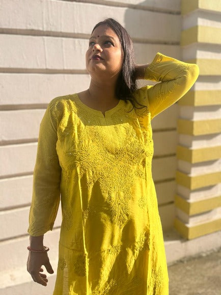 Chikankari Lime Yellow Mukaish Sharara set (Inner Attached)