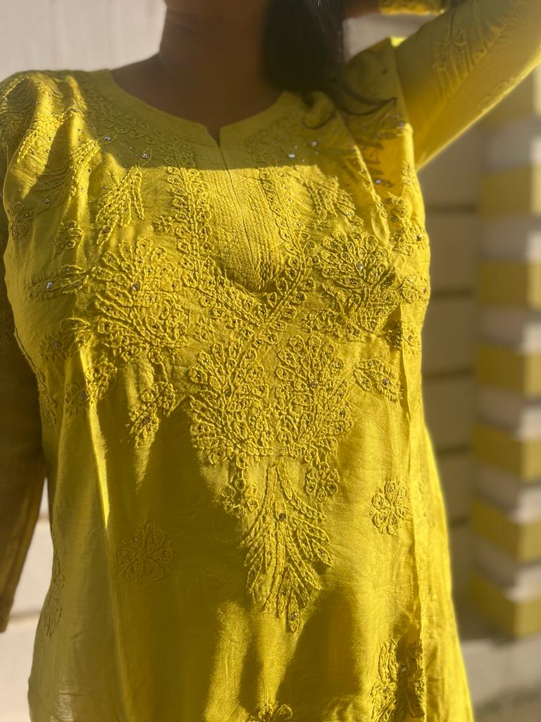 Chikankari Lime Yellow Mukaish Sharara set (Inner Attached)